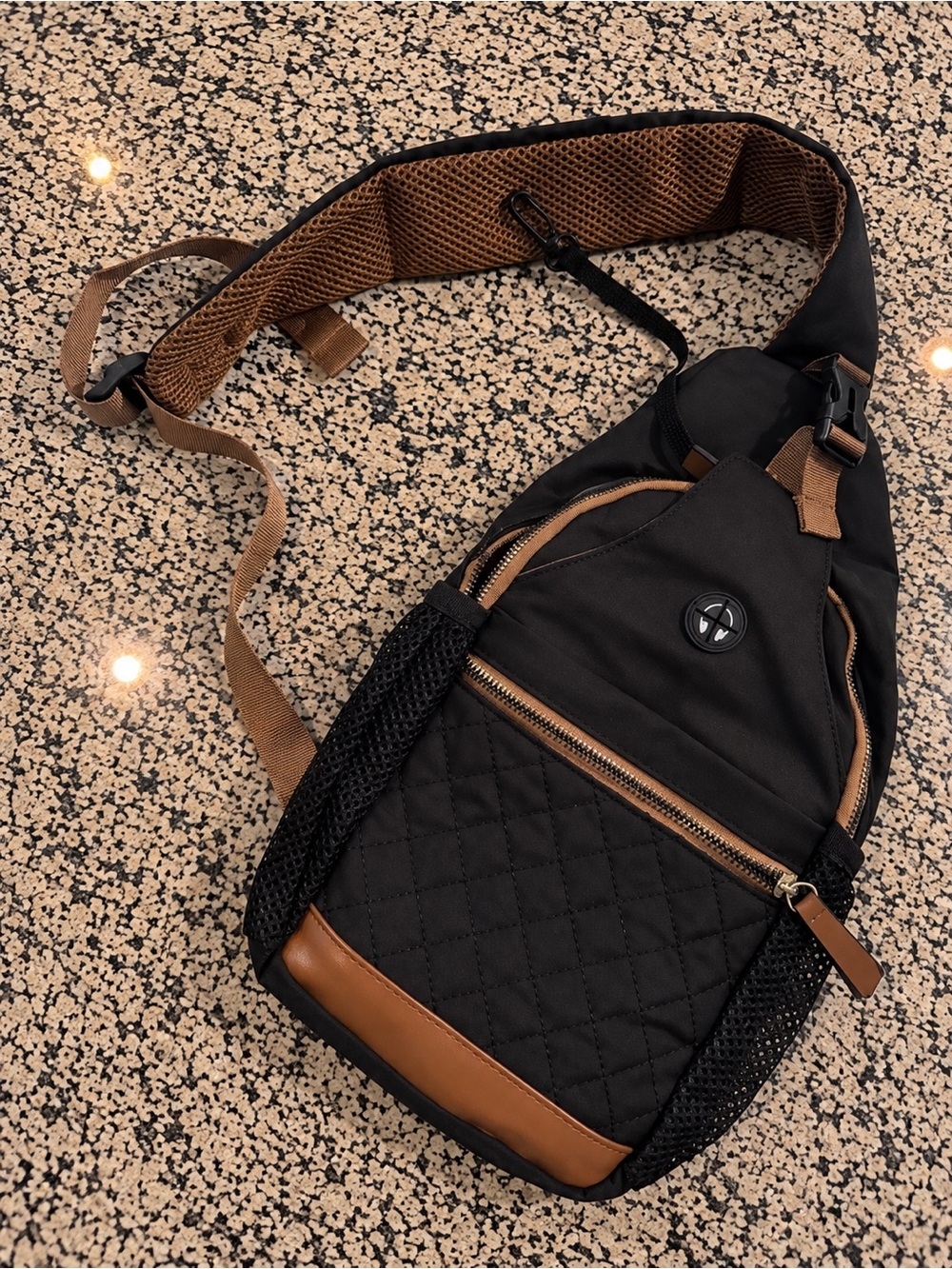 Men's Black Sling Crossbody Bag with Brown Accents